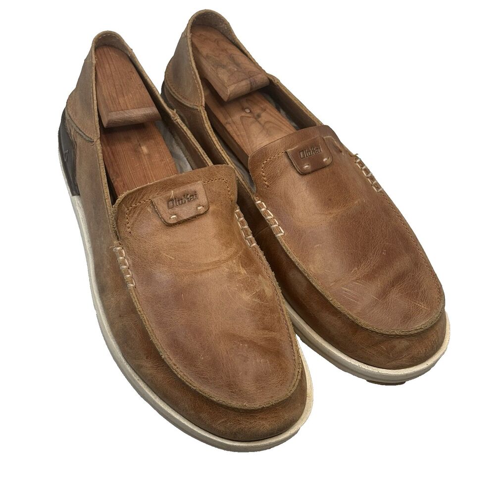 OluKai Kakaha Mens Size 11 M Brown Leather Slip On Loafers Fold Down Heel GUC